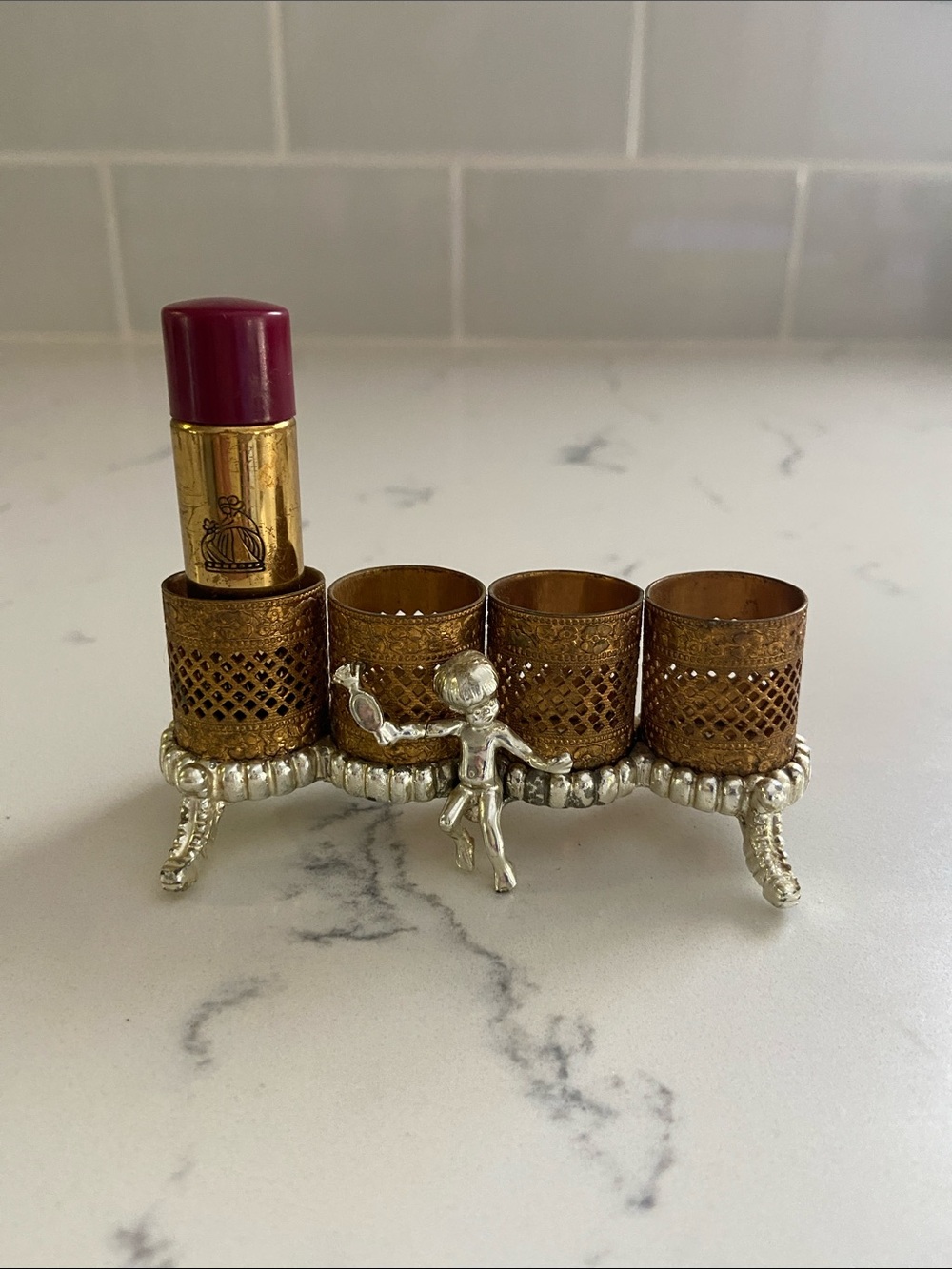 Vintage Cherub Filigree Lipstick Holder w Lanvin Arpege Mini